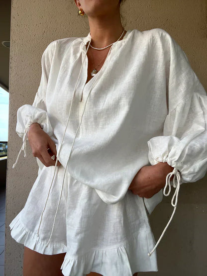 Zoé | Pantalon court à poches boutonnées et top à manches longues avec revers
